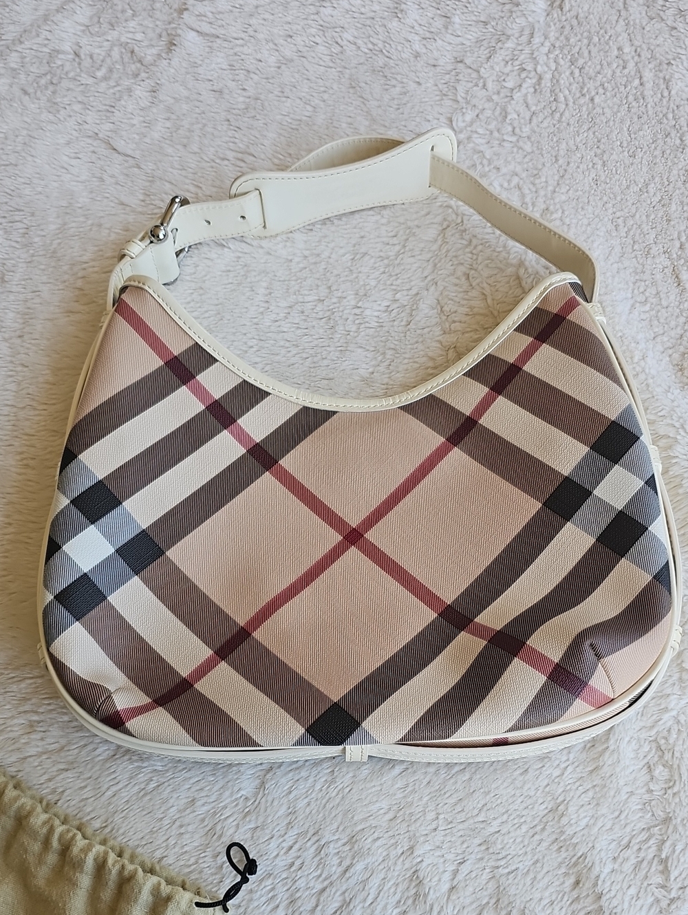 BURBERRY Vintage House Check White Leather Hobo Shoulder Bag with Dust Bag - Picture 5 of 15
